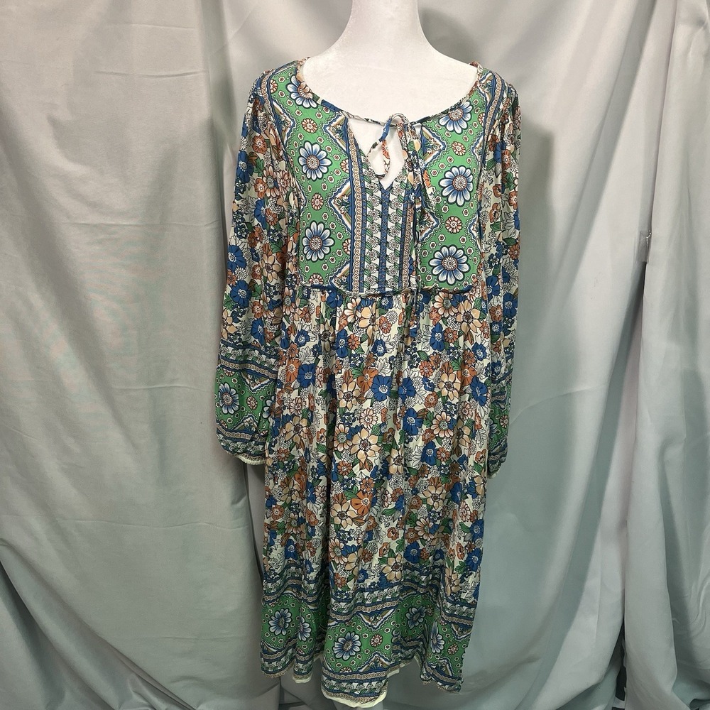 Bluetime Women Dress Boho V-Neck 3/4 Sleeve Babydoll Floral Festival Flowy 2XL - Picture 2 of 14